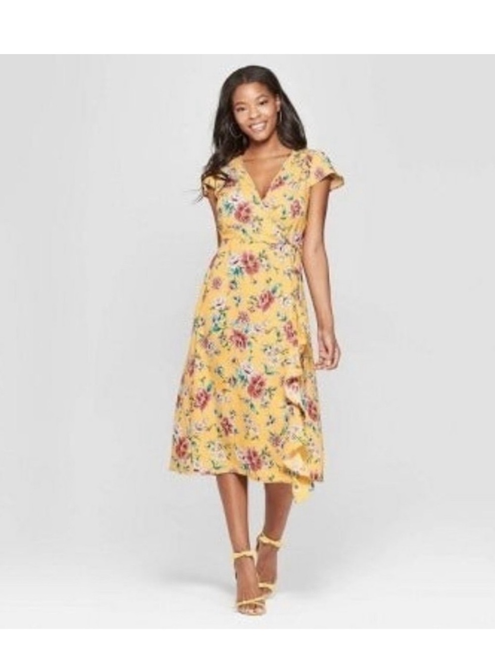 Xhilaration Yellow Floral Short Sleeve Summer Wrap Dress Size Medium